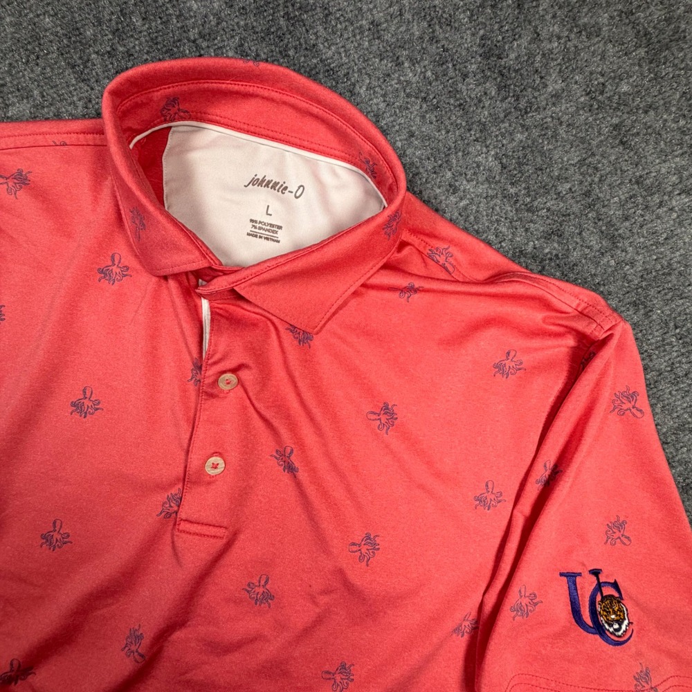 Johnnie-O LSU Mens Large Coral Octopus AOP Performance Polo UC Tiger Logo 0660
